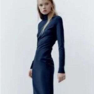 ✨NWT✨ Zara Twisted Back Midi Dress in Navy Blue Holiday Guest Dress